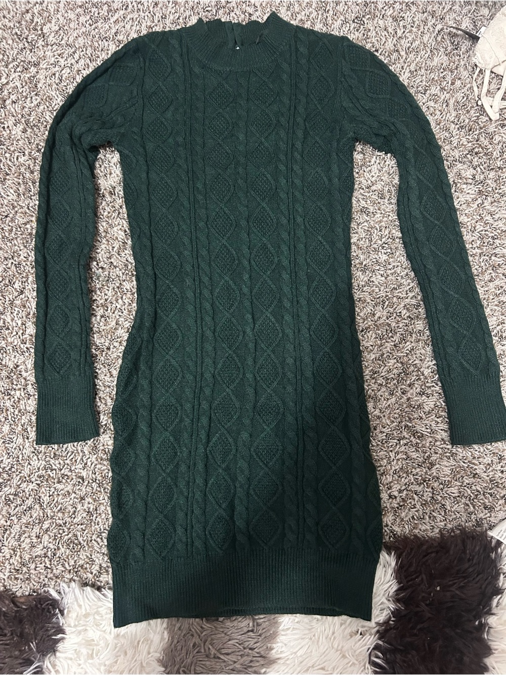 Lulu's Forest Green Cable Knit Long Sleeve Sweater Dress